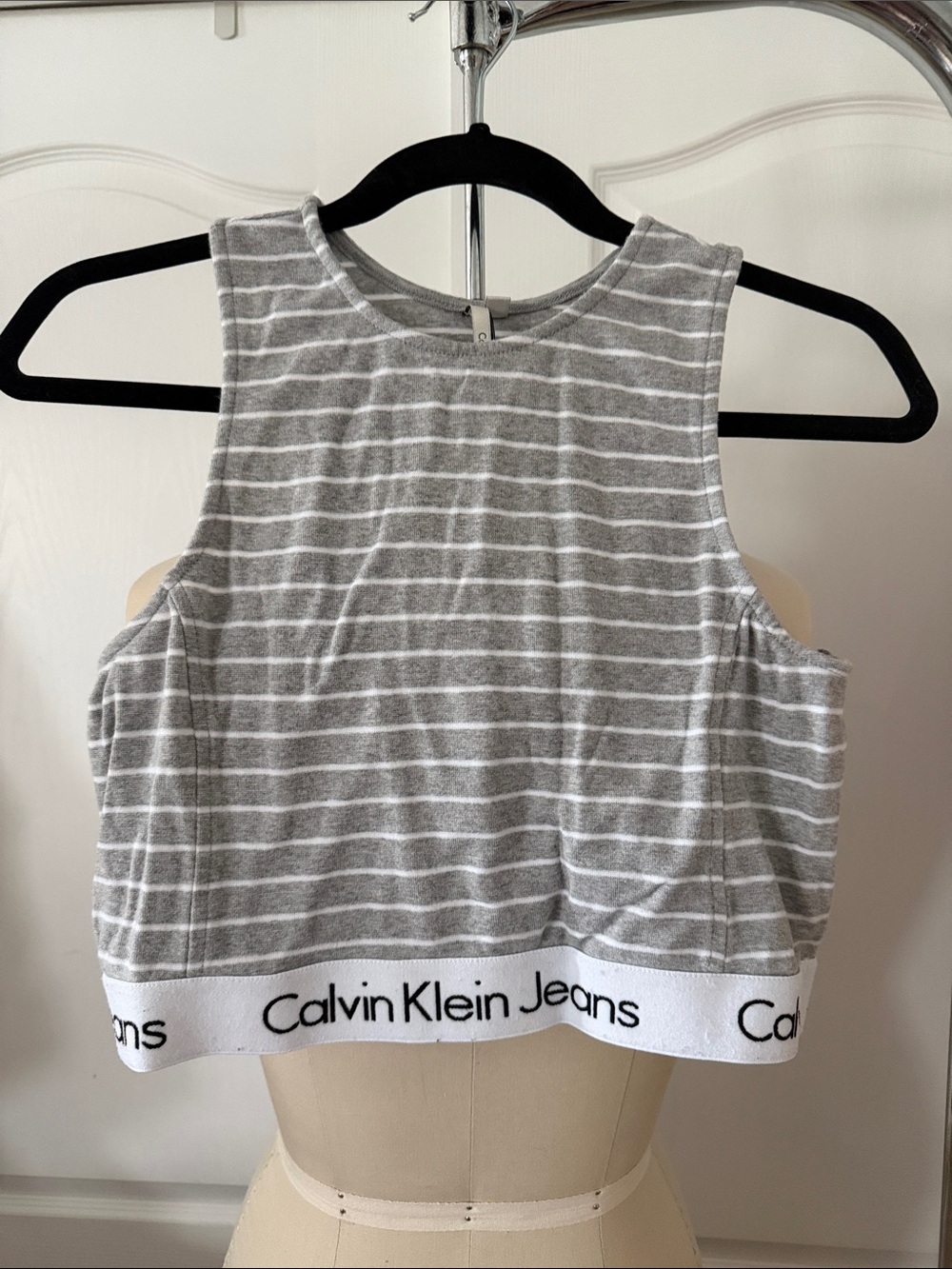 Calvin Klein Jeans Gray & White Striped Cropped Tank with Logo Band Size L